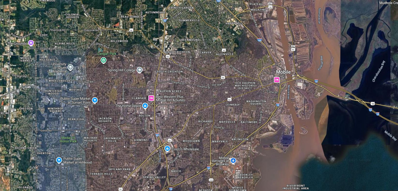 Regional aerial map of Mobile, Alabama