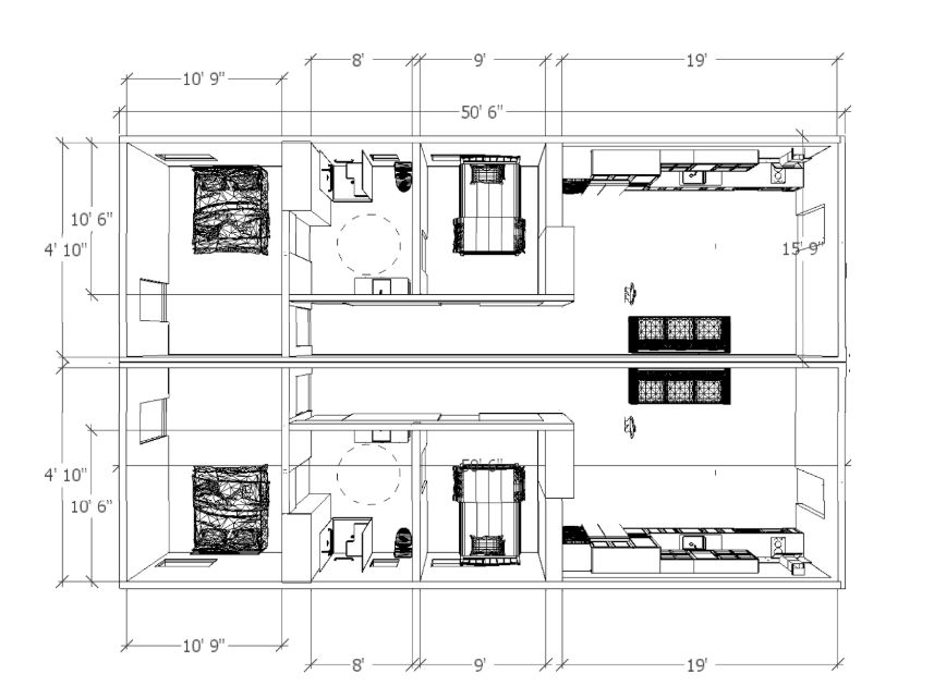 Quadruplex floor plan, 750 square feet, ADA with lift