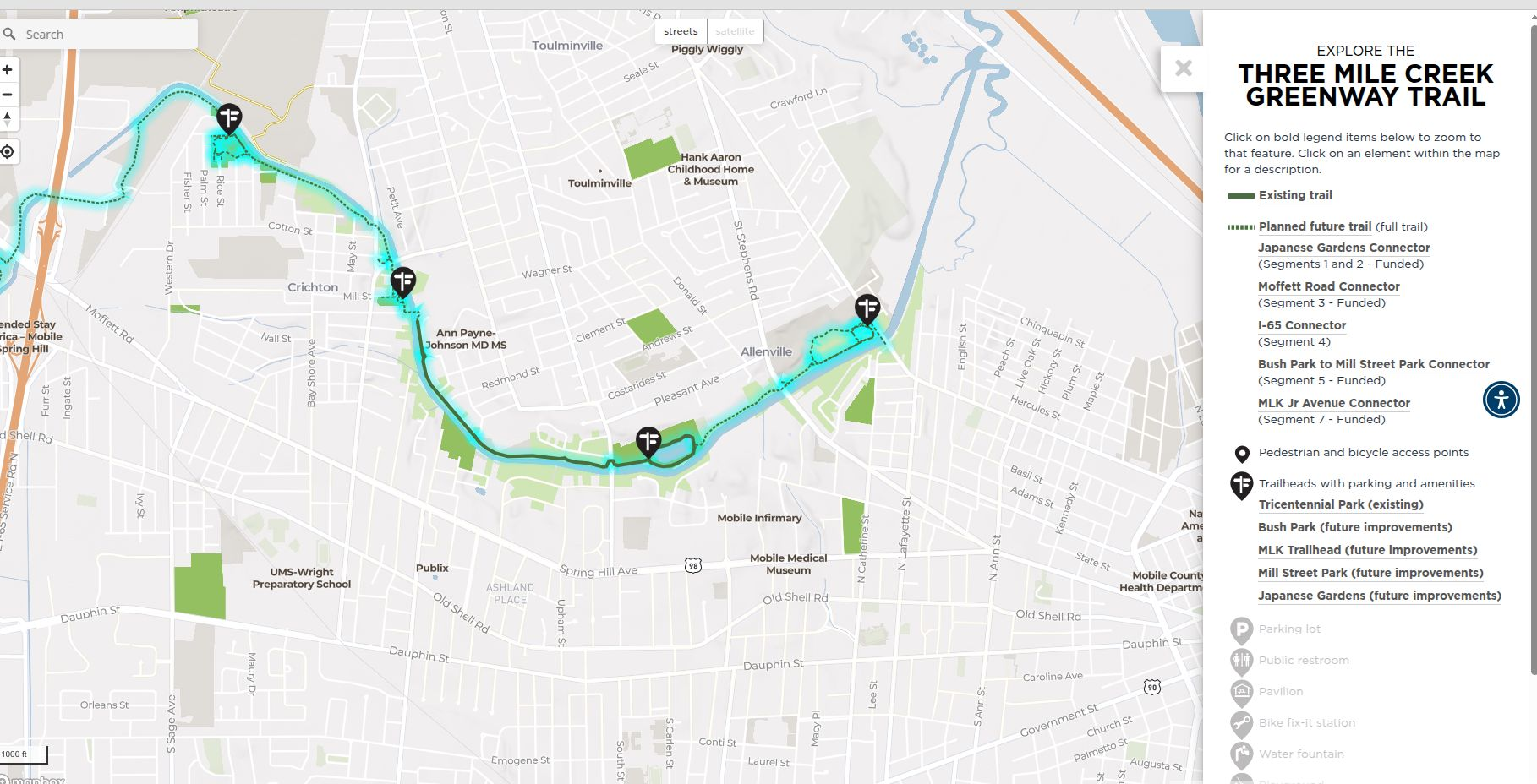 Water taxi route map along Three Mile Creek to Mobile Infirmary